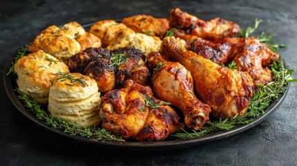 A high-resolution image of a platter of assorted fried chicken pieces, including drumsticks and wings, garnished with herbs and served with a side of biscuits.