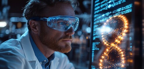 Focused Caucasian male scientist in safety glasses examines genetic code on a screen.  Intriguing research in progress.