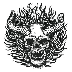 Fototapeta premium Fierce Skull with Horns Surrounded by Fiery Flames Illustration
