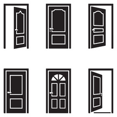 Door icons set. Open, close, and ajar door. Doors collection. Opened entrance door set flat style stock Vector Black silhouettes. with white background