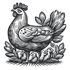 Fototapeta premium Detailed Woodcut of a Hen and Chicks Surrounded by Leaves