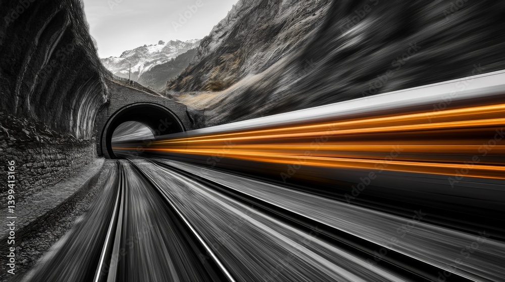 Poster a high-speed train at full speed, passing through a tunnel in a mountainous region, with blurred mot