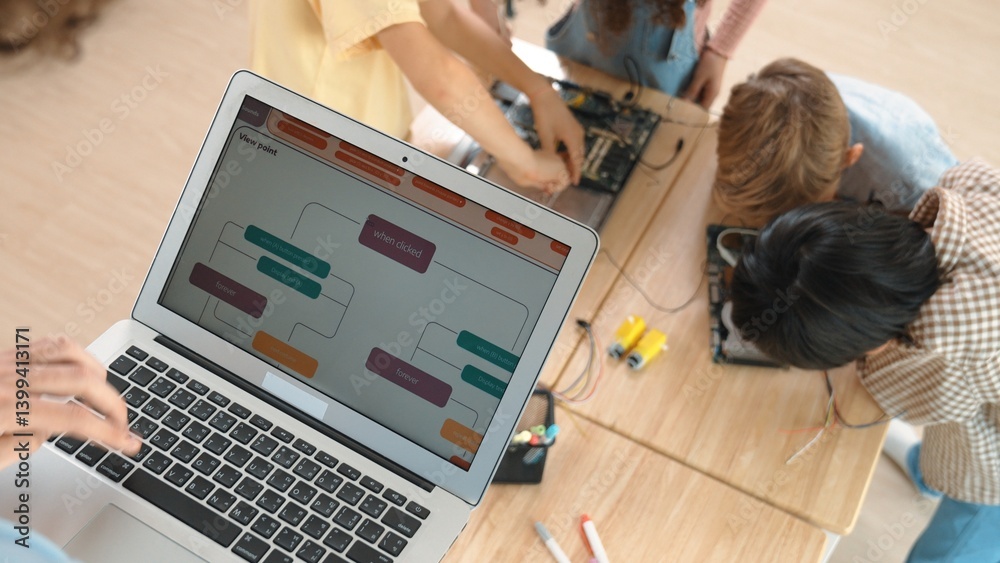 Poster top view of smart caucasian teacher coding engineering prompt and generated ai while diverse childre