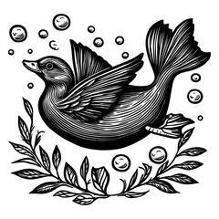 Fototapeta premium Artistic Illustration of a Duck with Bubbles and Leaves Design