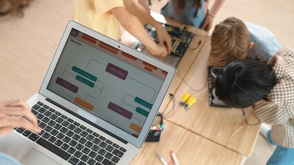 Top view of smart caucasian teacher coding engineering prompt and generated AI while diverse...