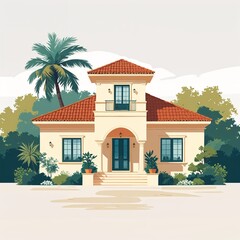 Fototapeta premium cream colored villa with terracotta roof vector art illustration on plain white background