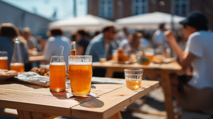People enjoying beer and food at outdoor tables in a social gathering on a sunny day
