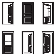 Door icons set. Open, close, and ajar door. Doors collection. Opened entrance door set flat style stock Vector Black silhouettes. with white background