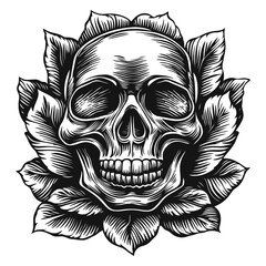 Fototapeta premium Skull with Floral Elements in Detailed Black and White Design