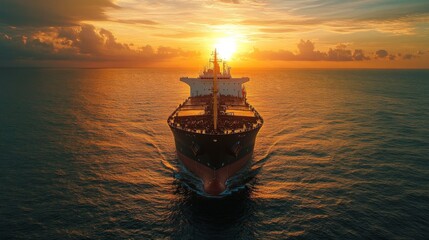 A majestic large ship sailing across the vast ocean, with the sun setting in the background, casting a warm golden glow over the water and vessel.