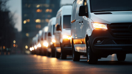 A row of white vans parked on a city street at night with headlights illuminating the road ahead