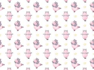 Obraz premium Cute Hippo Patterns, Ballet patterns, ballet hippo dancing seamless patterns in watercolor background