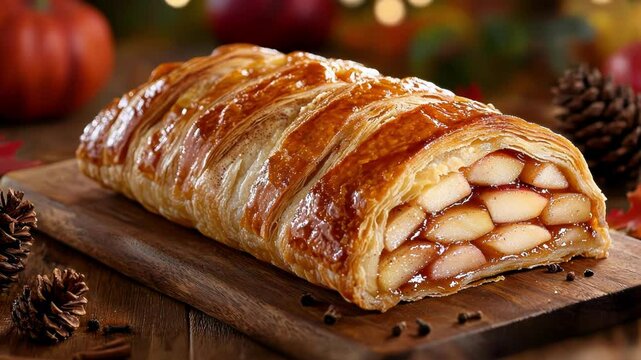 A golden apple strudel served on a wooden board, inviting and warm.