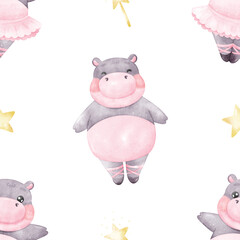 Cute Hippo Patterns, Ballet patterns, ballet hippo dancing seamless patterns in watercolor background
