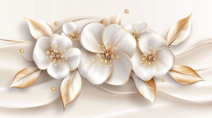 Elegant white flowers with gold accents on flowing fabric background