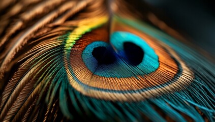 Fototapeta premium Vibrant peacock feather detail. Close-up view of intricate colors