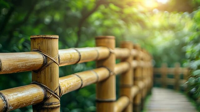 A serene bamboo walkway surrounded by lush greenery and soft sunlight.
