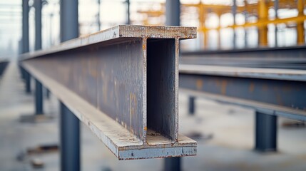 A close up of steel beams reinforced concrete columns forming skeleton of a manufacturing facility an expansive industrial park