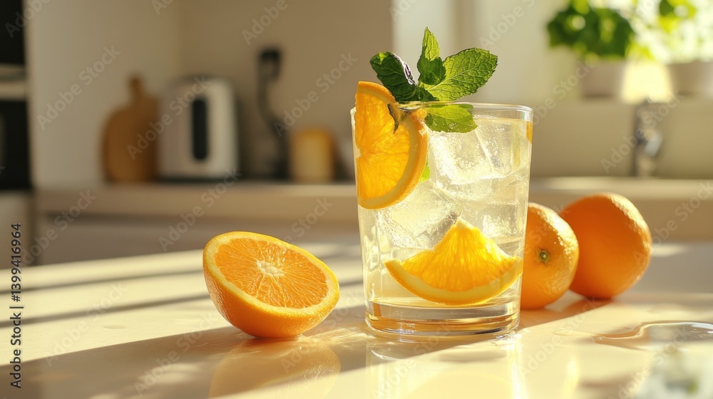 Poster a refreshing glass of freshly squeezed with ice cubes, garnished with a slice of orange and a mint s