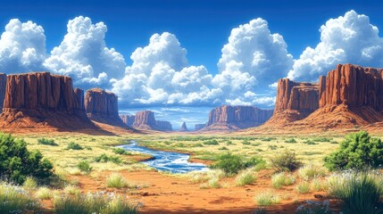 Desert river flows through Monument Valley under cloudy sky