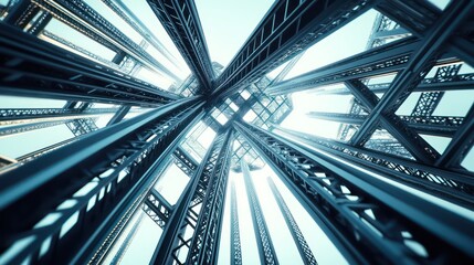 A complex web of steel cables girders forming skeletal structure of a massive bridge, intricate mechanical details,