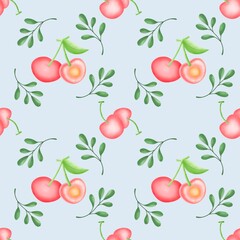 Cute Red Cherry Print with Green Leaves