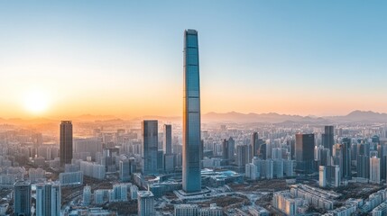 Fototapeta premium Panoramic view of a modern city skyline at sunrise, featuring a tall skyscraper, urban sprawl, and distant mountains; suitable for stock use