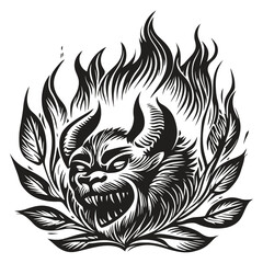 Obraz premium Fiery Demon Head with Flames and Leaves in Intricate Design