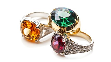 Three rings with different colored stones on a white background