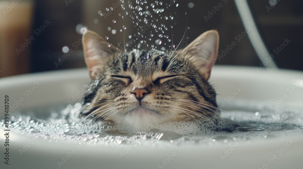 Poster A serene image of a cat calmly sitting in a bath, with a gentle stream of water flowing over it and bubbles forming around its fur, emphasizing a peaceful bathing experience.