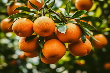 A mandarin orange tree branch full of ripe fruit. The oranges are bright orange, the skin is textured, and some still have fresh green leaves attached.