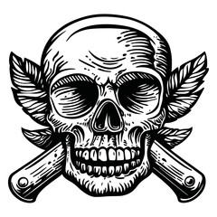 Fototapeta premium Skull with Wings and Crossed Blades in Vintage Tattoo Style