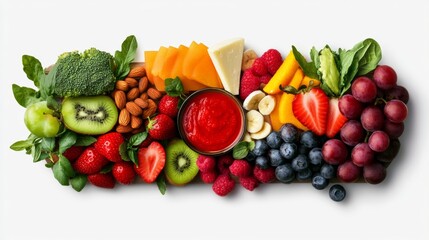 A beautifully arranged vegetarian charcuterie board with fruits, nuts, cheeses, and plant-based dips,