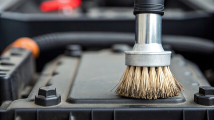 technician performs maintenance on vehicle using brush to clean battery area ensuring optimal performance and safety