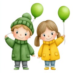 Happy Children with Green Balloons Watercolor Illustration