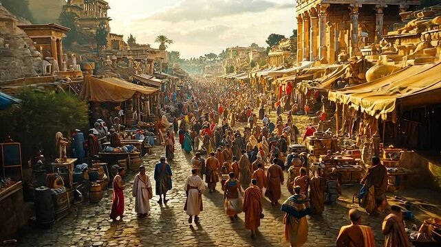 Bustling ancient marketplace, sunlit street, crowded with people in period clothing