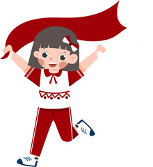 Joyful Girl in Red Running with Flowing Scarf to Celebrate Indonesian Independence Day