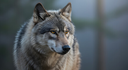 Fototapeta premium Intense portrait of a Grey Wolf looking sideways with piercing yellow eyes, showcasing its wild spirit and thick grey fur.