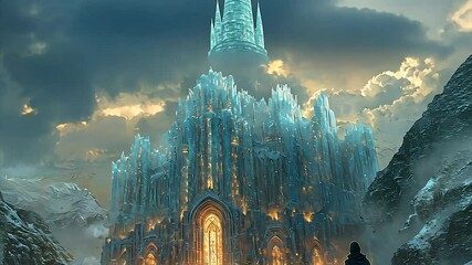 A majestic ice castle glows warmly at dusk, a lone figure observes from afar amidst snowy peaks - Powered by Adobe