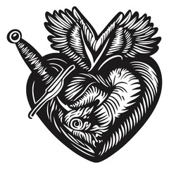 Artistic Illustration of Heart with Sword and Wings in Black and White
