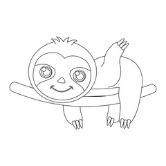 Adorable Cartoon Sloth Hanging on Branch, Line Art Illustration