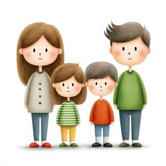 Happy Family Portrait Illustration Textured Style, Neutral Colors
