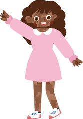 Joyful Girl with Vitiligo in Pink Dress, Arm Raised
