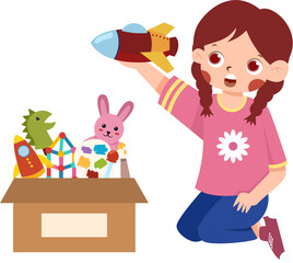 Joyful Girl Kneeling, Playing with Rocket Toy and Toy Box Collection