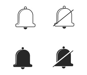 Set of four bell icons showing active and muted notification states in both outline and solid styles. Represents alerts and their on/off status.