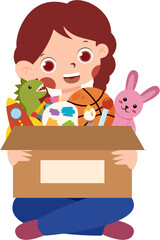 Happy Girl with Box of Diverse Toys and Playthings