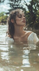 Fototapeta premium Beautiful woman in a white dress relaxing in the water