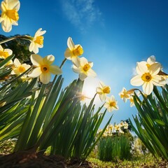Fototapeta premium daffodil flower blossom in garden, bottom view, sky is so blue