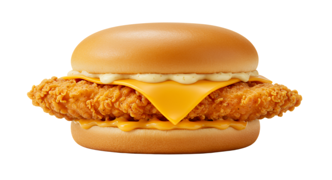 Delicious crispy chicken sandwich with melting cheese on a soft bun