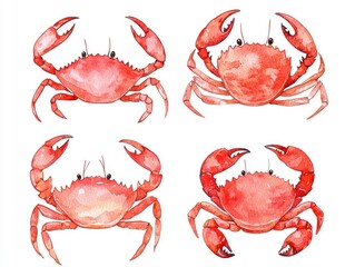 Four watercolor crabs, various poses